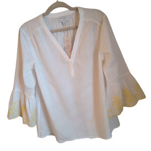 New Directions Swiss Dot Tunic Top Women's Sz M  Long Bell Sleeve Embroidered